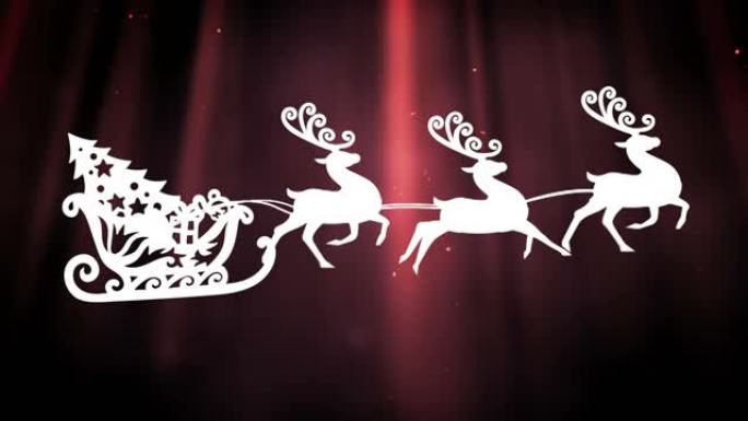 雪橇上的圣诞树被驯鹿拉到黑色背景上的红光小径上