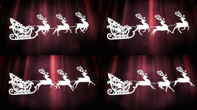 雪橇上的圣诞树被驯鹿拉到黑色背景上的红光小径上