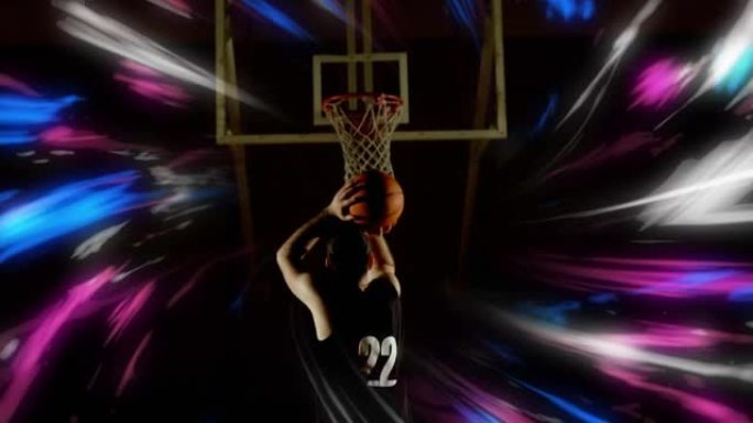篮球运动员为篮筐射击的彩色漩涡动画