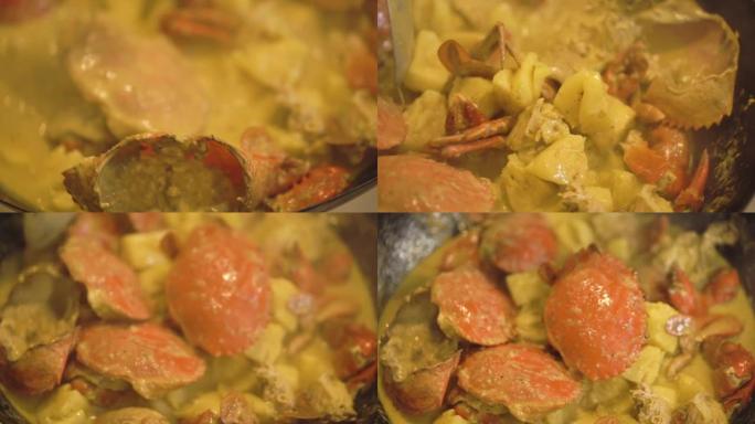 黑蟹菠萝咖喱特写，用炒锅烹制泰国菜