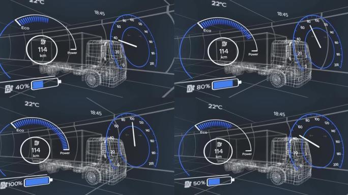 卡车上带有充电电池图标和速度计的界面动画
