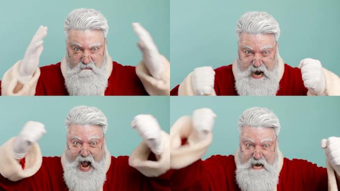 愤怒的疯狂尖叫的圣诞老人对顽皮的孩子发誓的负面情绪，这一年都不会因为表现不佳而收到节日礼物