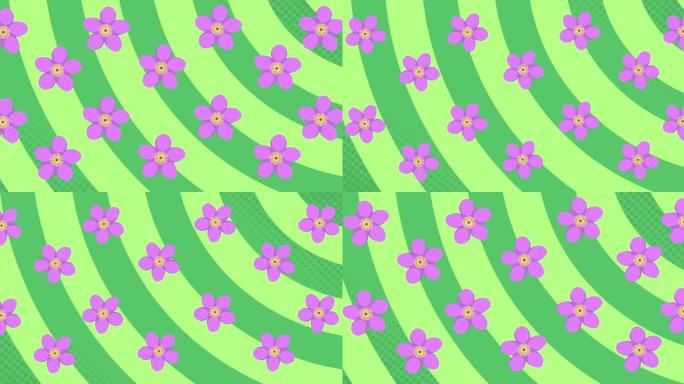 紫色花朵在绿色条纹背景上旋转的动画