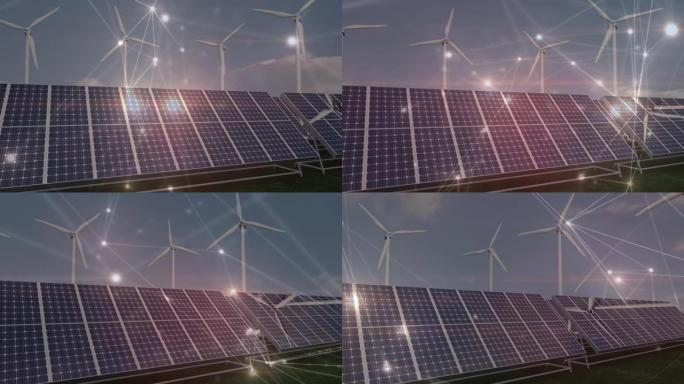 太阳能电池板和风力涡轮机上的连接网络动画