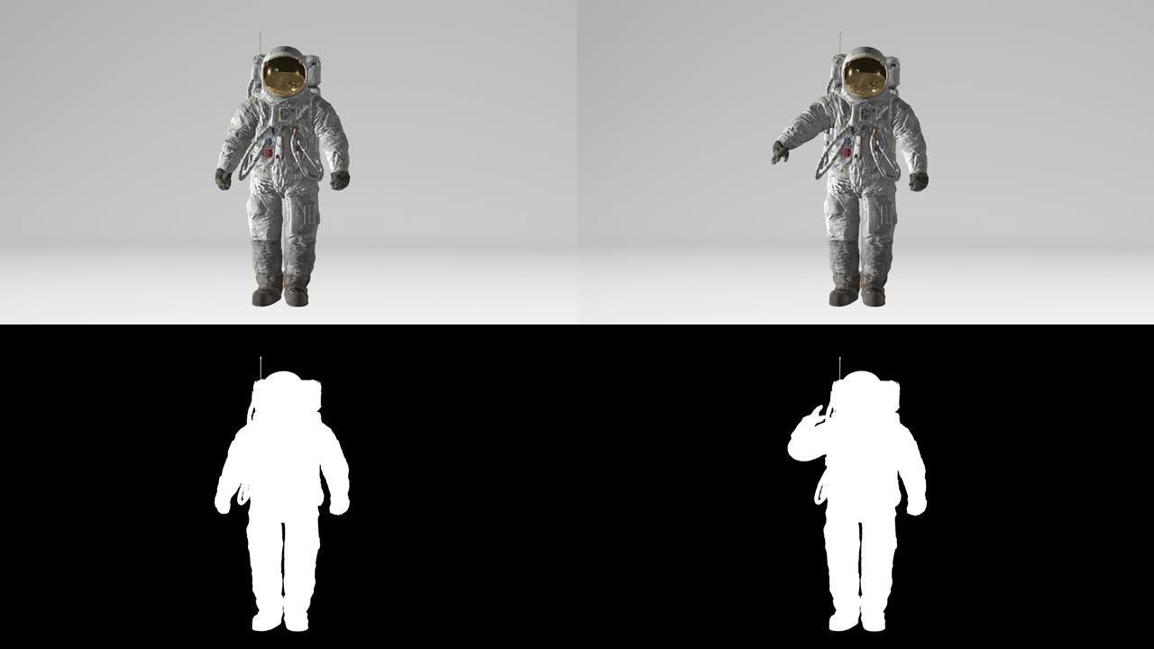 月球宇航员在阿尔法频道的白色背景下敬礼。