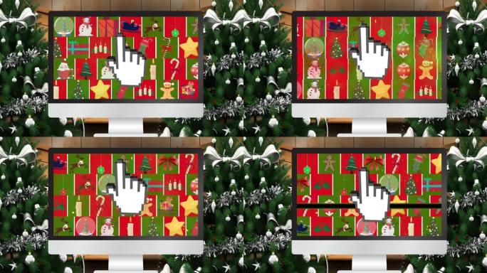 电脑上的圣诞装饰品在圣诞树上的动画