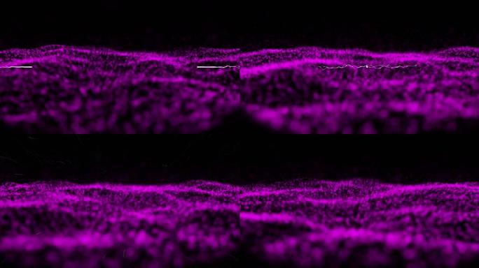 紫色光迹在黑色背景下的紫色数字波上爆炸