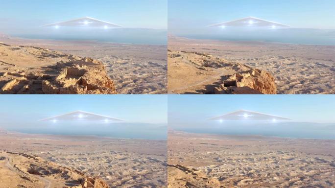 大三角外星人ufo在海洋和沙漠山脉上-空中