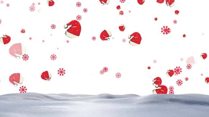 冬季风景飘落的红色雪花和圣诞老人帽子的动画