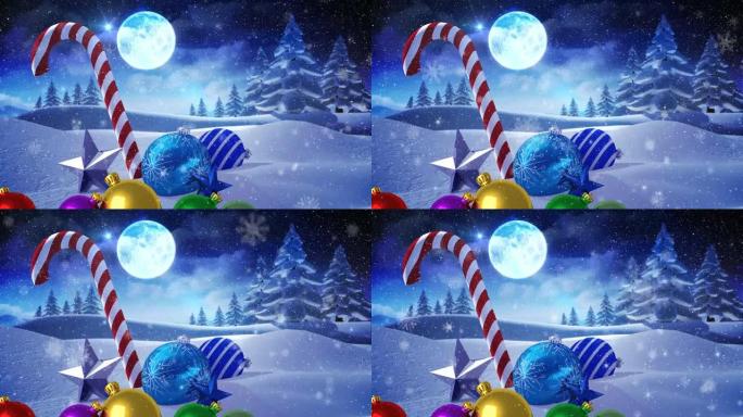 圣诞节装饰和冬季景观上的积雪动画