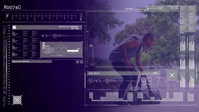 在户外跑步的男子运动员上进行界面和处理数据的动画