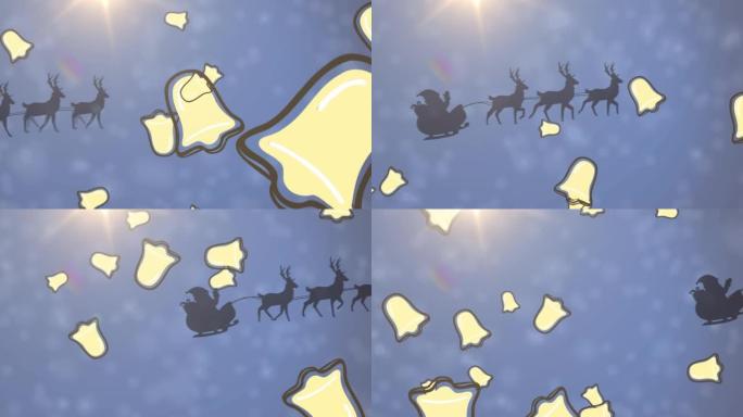 多个铃铛图标落在雪橇上的圣诞老人身上，被驯鹿拉在蓝色背景上