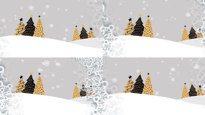 雪花在多个圣诞树图标的冬季景观中形成框架