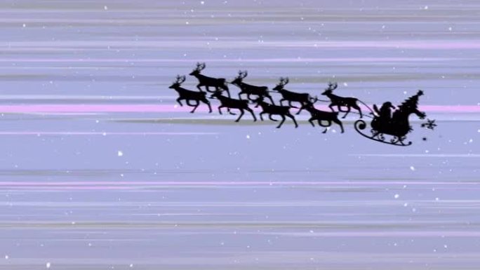 雪落在雪橇上的圣诞老人上，被驯鹿拉到紫色的小径上