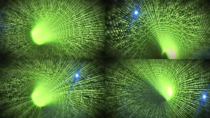 背景中蓝色光斑与绿色数字隧道的数字动画