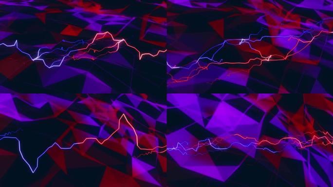 红色和蓝色电流在黑色上浮动的红色和紫色几何形状上的动画