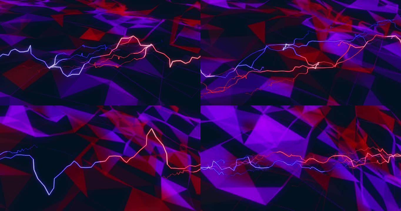 红色和蓝色电流在黑色上浮动的红色和紫色几何形状上的动画