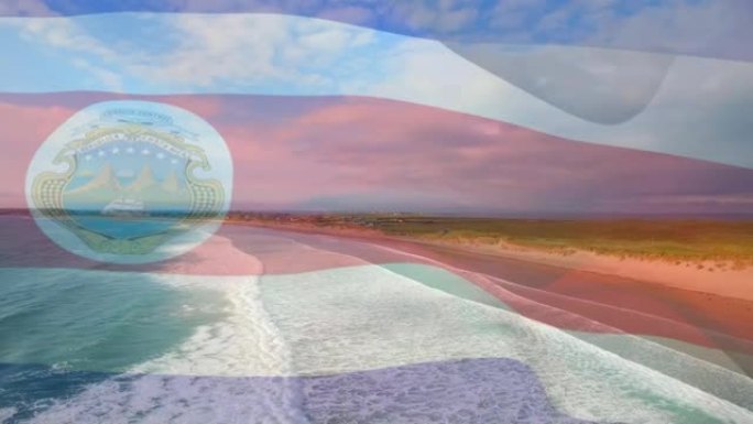 动画的哥斯达黎加的旗帜吹过海滩景观