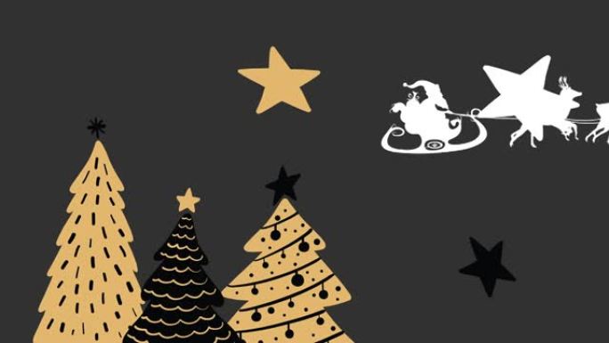 黑色背景上有驯鹿的雪橇上的圣诞树和圣诞老人动画