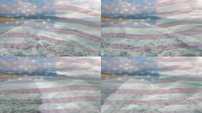 在海滩和大海的鸟瞰图上挥舞美国国旗的数字构图