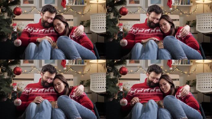 圣诞节，新年，前夜。幸福的夫妻男人和女人坐在圣诞树附近的地板上聊天，拥抱和抚摸猫。慢动作