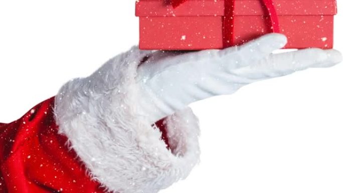 圣诞老人手里拿着礼物的雪花飘落的动画