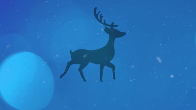 在蓝色背景下行走的驯鹿的轮廓上落下的光点和雪