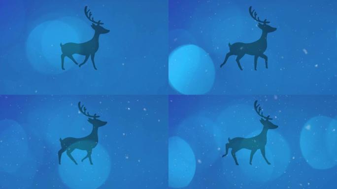 在蓝色背景下行走的驯鹿的轮廓上落下的光点和雪