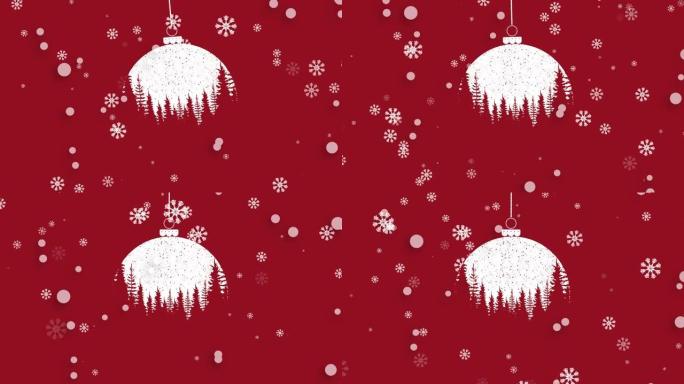 红色背景上的雪上的圣诞球动画