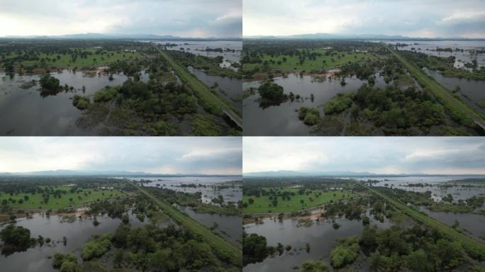 空中无人机电影在泰国中部华富里府大雨后拍摄的洪水