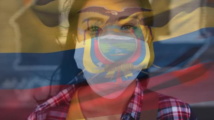在covid 19大流行期间，厄瓜多尔国旗挥舞着戴着口罩的女人的动画