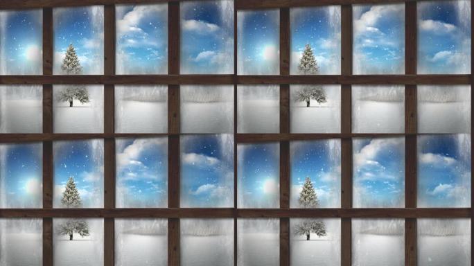 透过窗户看到的冬天风景中飘雪和圣诞树的动画