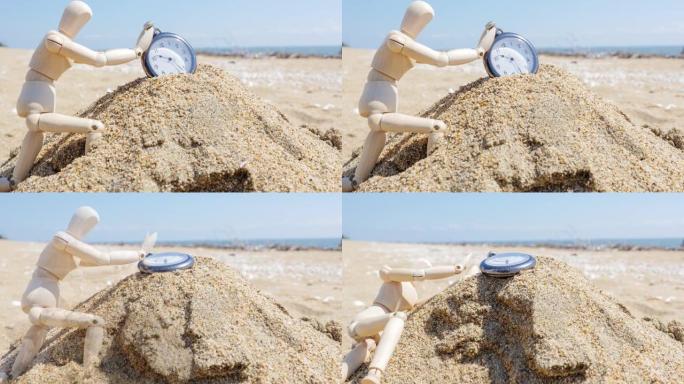 一个绘画娃娃试图在摇摇欲坠的沙子上停下怀表