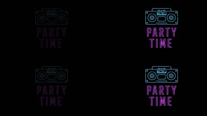黑色背景上霓虹灯派对时间和复古收音机的动画