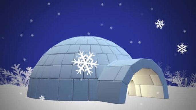 蓝色背景下的雪落在冰屋上的动画