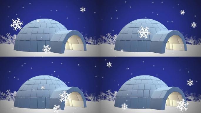 蓝色背景下的雪落在冰屋上的动画
