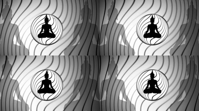 在灰色背景上的黑线和圆圈上冥想的佛像动画