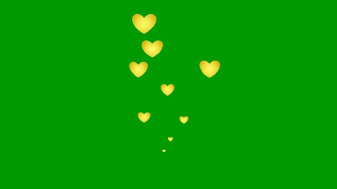 动画金心从下往上飞舞。爱的概念，激情。绿色背景上孤立的金色心形喷泉。