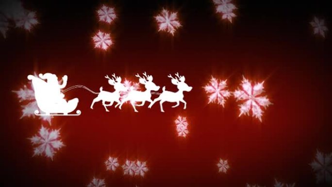 雪橇上的圣诞老人被驯鹿拉着红色背景上漂浮的雪花