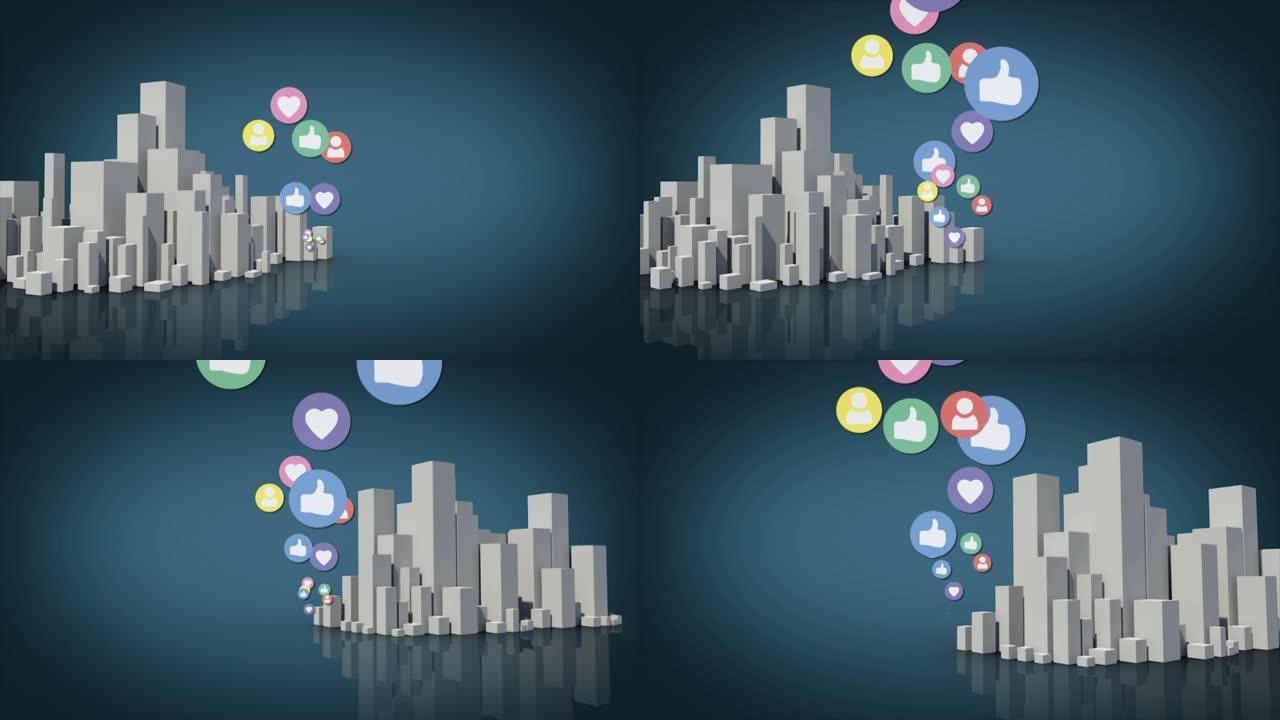 蓝色背景上的3d城市景观上的社交媒体图标动画