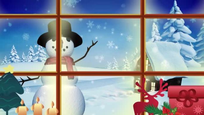 透过窗户看到房子和雪人的冬季圣诞节场景动画