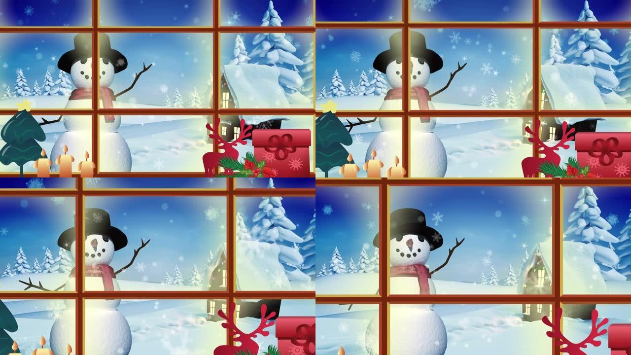 透过窗户看到房子和雪人的冬季圣诞节场景动画