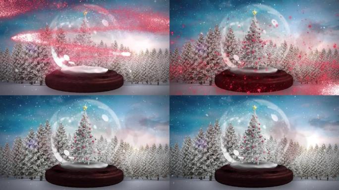 红色的流星围绕在圣诞树在一个雪球对抗雪飘落在冬季景观