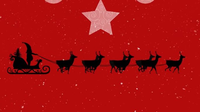 圣诞老人雪橇，小玩意和雪落在红色背景上的动画