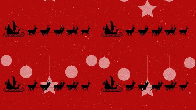 圣诞老人雪橇，小玩意和雪落在红色背景上的动画