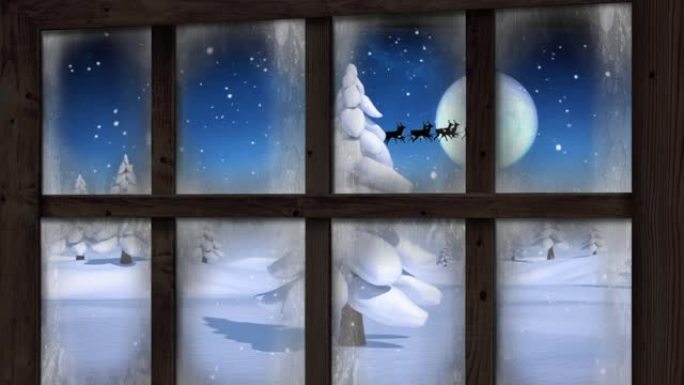冬季景观上的驯鹿拉动雪橇上的积雪和圣诞老人的窗户