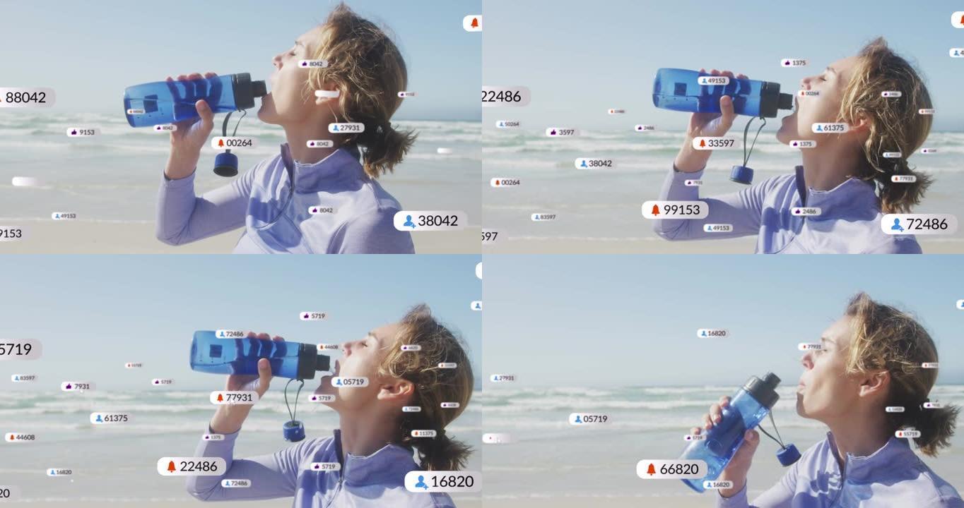 关于海滩上女性饮用水的社交媒体通知的动画