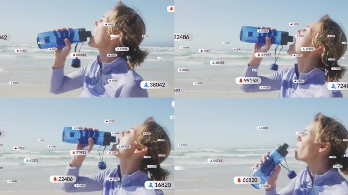 关于海滩上女性饮用水的社交媒体通知的动画