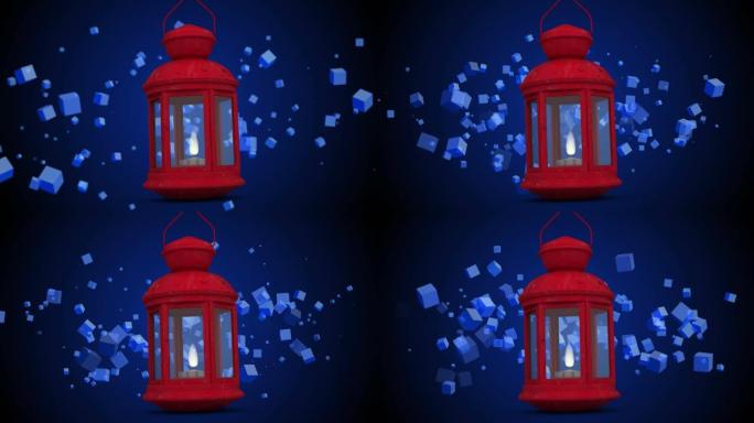 红色圣诞灯在蓝色背景下漂浮的多个蓝色3d方形形状