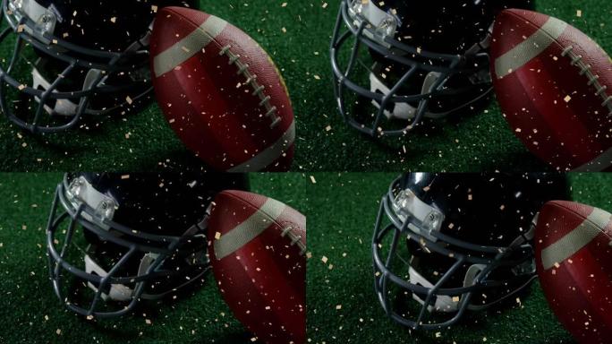 五彩纸屑落在美式橄榄球和头盔上的动画